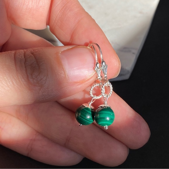 Malachite Earrings Sterling Silver Lever Back natural gemstone - Picture 3 of 11